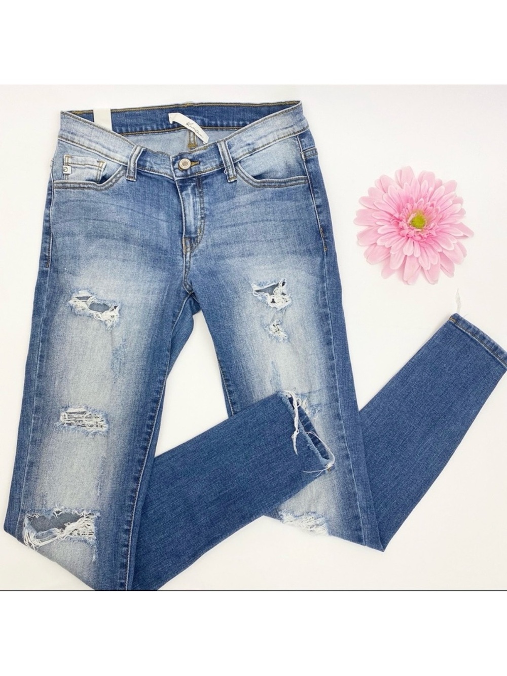 KanCan Mid Rise Distreesed Destroyed Ripped Stretch Skinny Jeans: Medium Wash